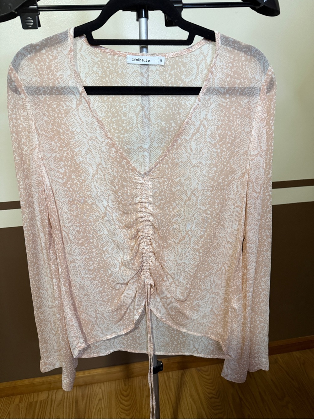 Red Haute Light Blush Snake-Print V-Neck Ruched Front Long Sleeve Top
